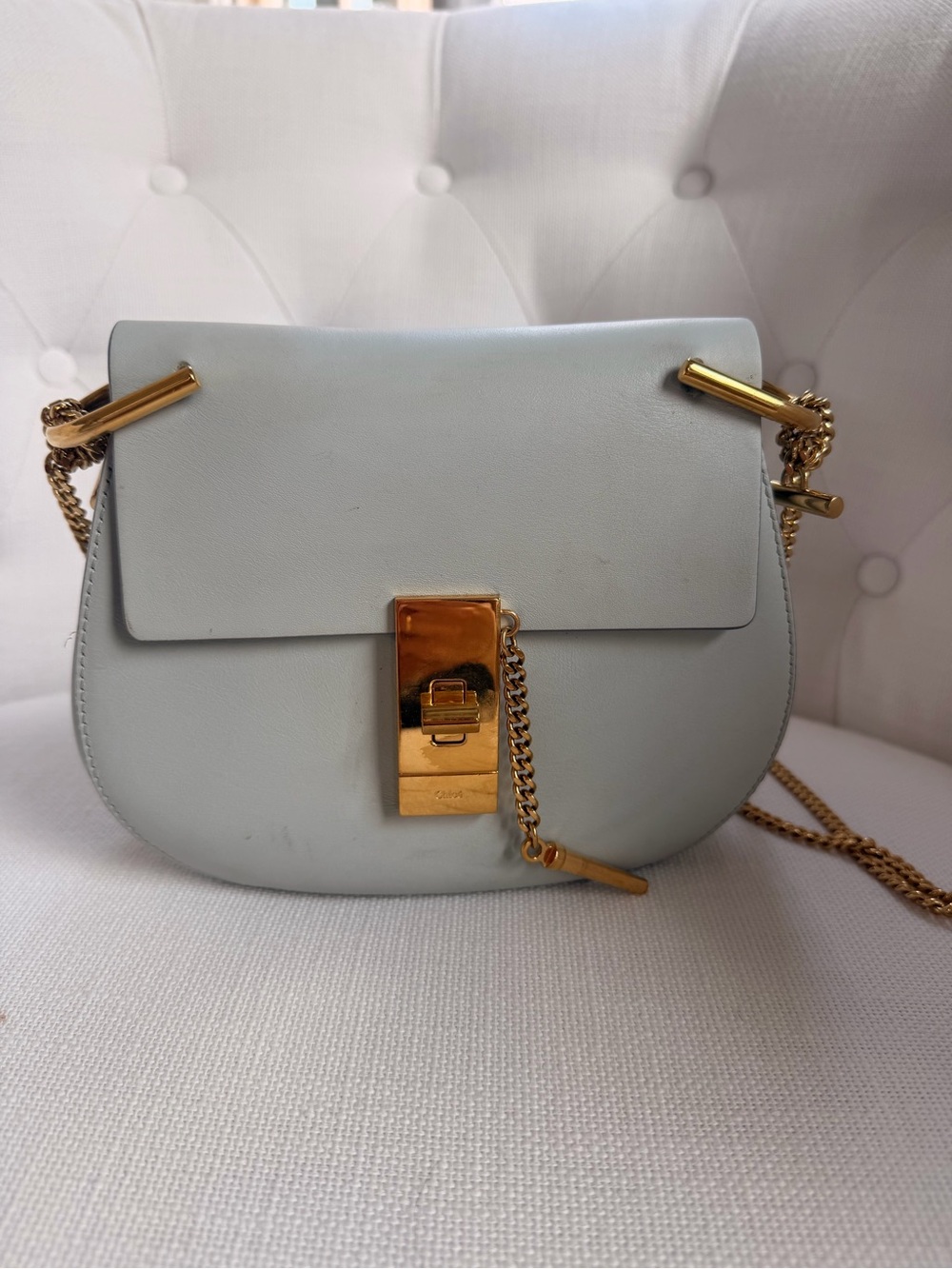 Chloé Small Leather Shoulder Bag in Light Blue with Gold Hardware